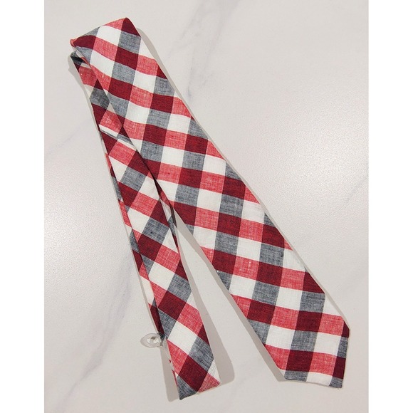 Todd Snyder New York Neck Tie 100% Linen Made In USA Plaid Check Red - Picture 3 of 7